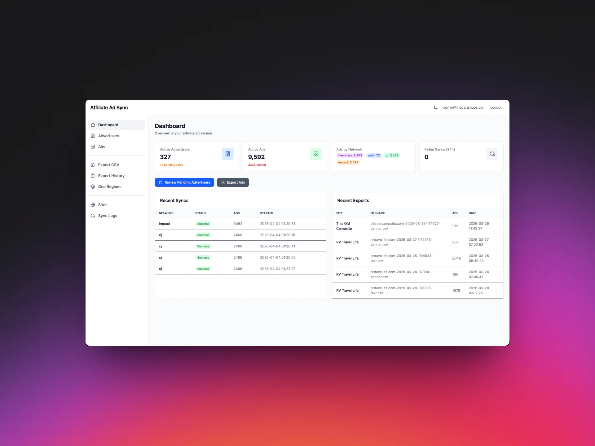 The affiliate ad sync admin dashboard